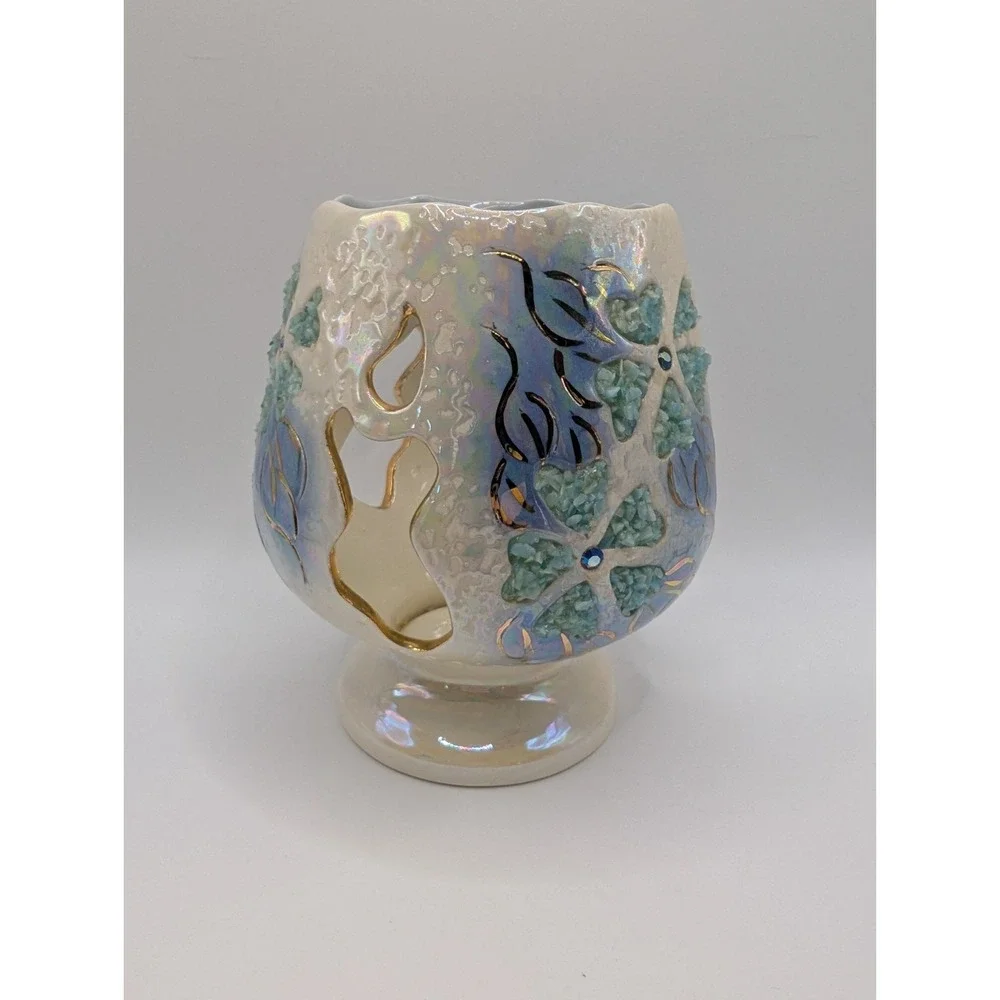 Iridescent Ceramic Tealight Candle Holder Blue Floral Rhinestone Pedestal Decor